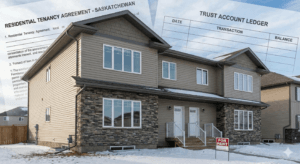 Licensed Saskatchewan property manager reviewing lease documents with investor client in modern office setting.